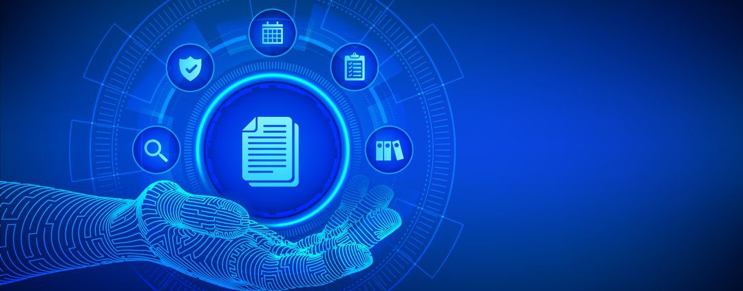 Digital hand holding virtual file icons.